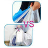 Comparison of two types of grocery bag carriers, one blue and one white.