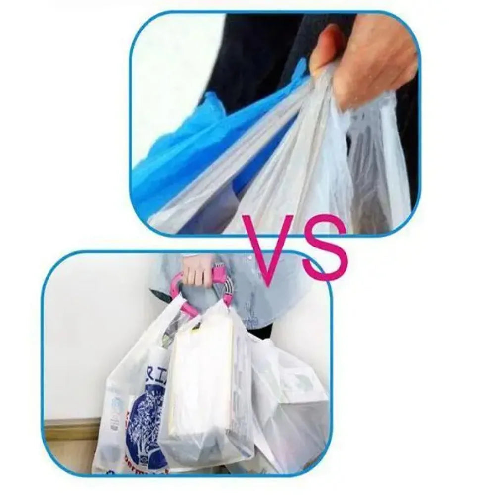 Comparison of two types of grocery bag carriers, one blue and one white.
