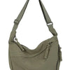 A soft olive green nylon crossbody shoulder bag with an adjustable strap.