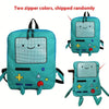 Two randomly shipped cartoon robot backpacks with different zipper colors and facial expressions