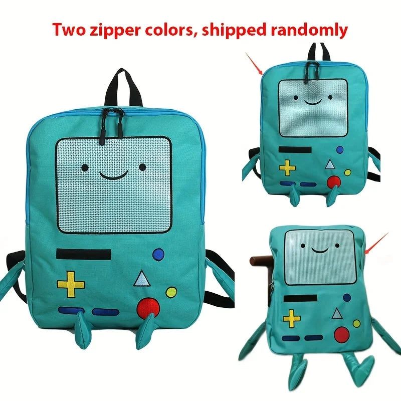 Two randomly shipped cartoon robot backpacks with different zipper colors and facial expressions