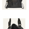 Schwarze Vintage-PU-Leder-Tasche mit Ledergriffen und Reißverschlusstaschen von vorne