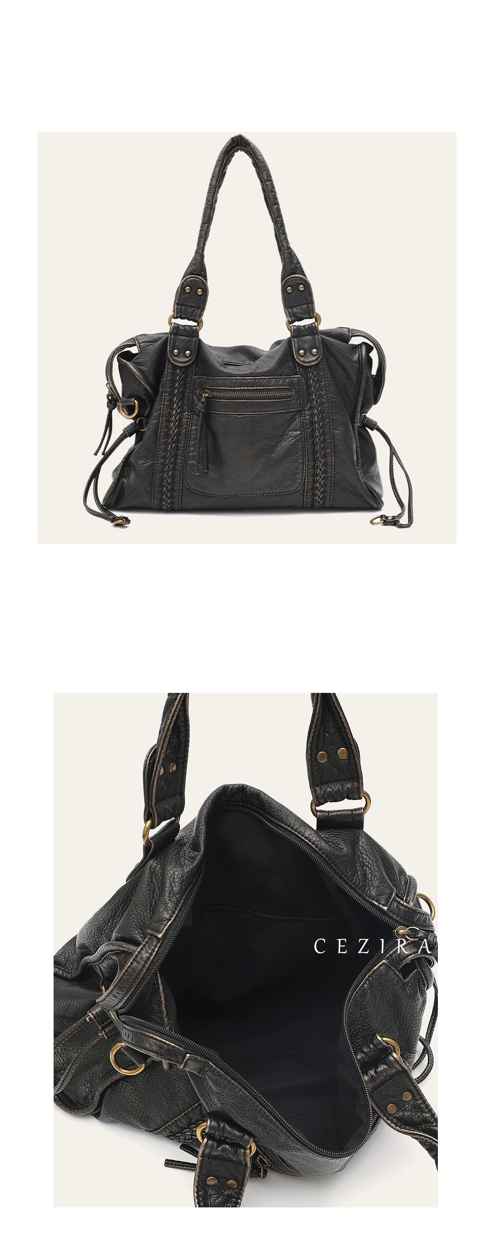 Schwarze Vintage-PU-Leder-Tasche mit Ledergriffen und Reißverschlusstaschen von vorne