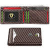 A brown leather card holder with a geometric pattern and red and green accents.