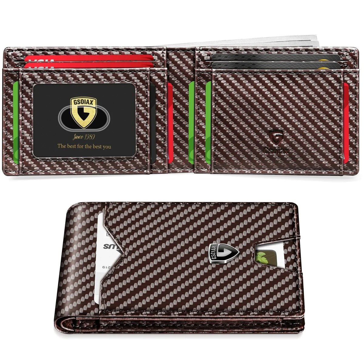 A brown leather card holder with a geometric pattern and red and green accents.