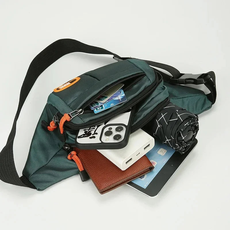 A dark green multifunctional anti-theft waist pack containing various small accessories like cards and a wallet.