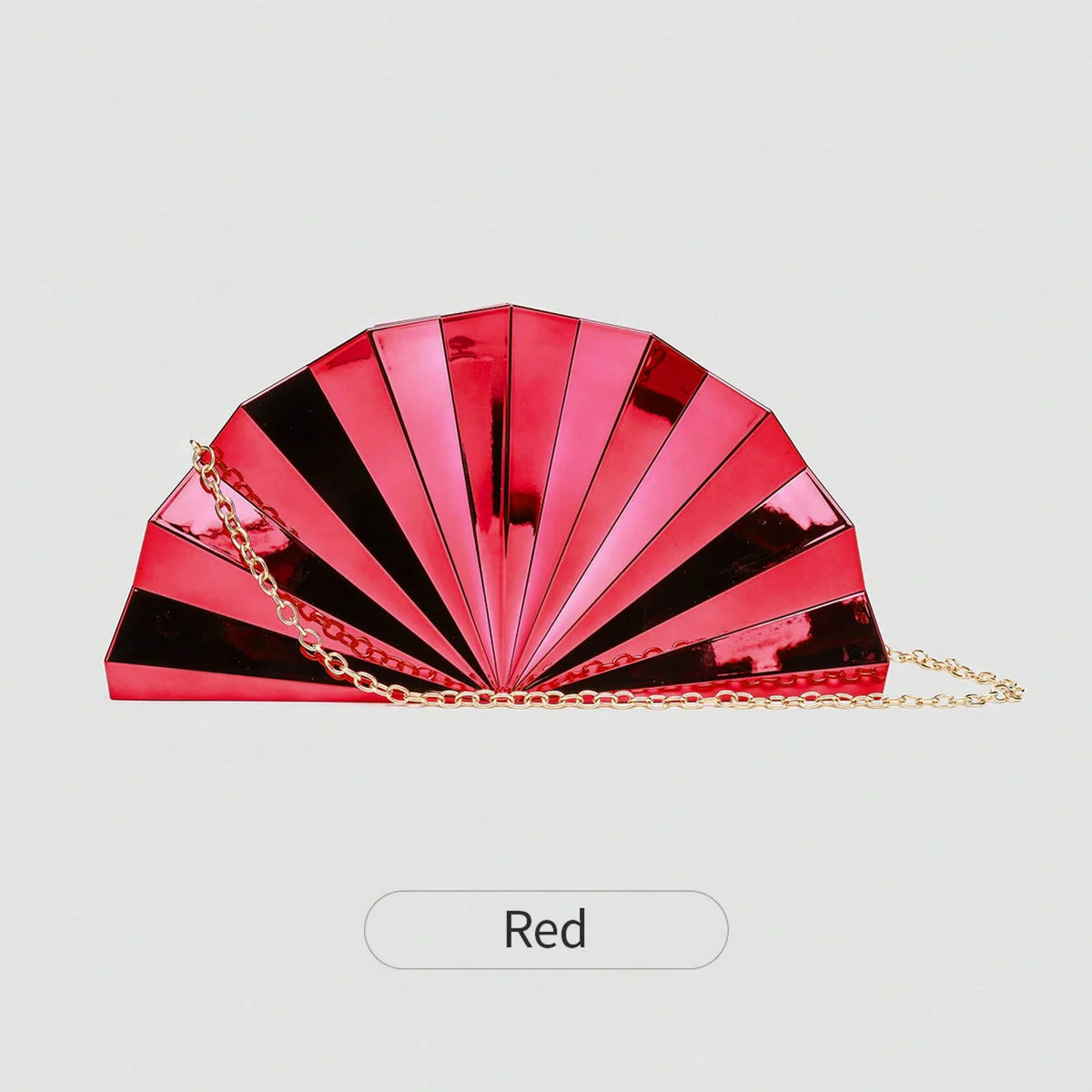 A red acrylic chain crossbody bag with a pleated fan design.