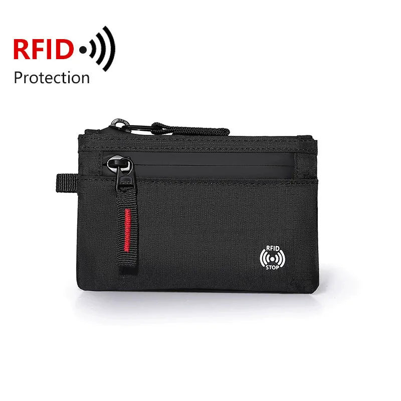 Black RFID blocking travel wallet with a carabiner clip.