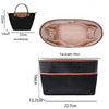 A black tote bag organizer insert with a laptop sleeve shown in various dimensions and an open view of the interior.
