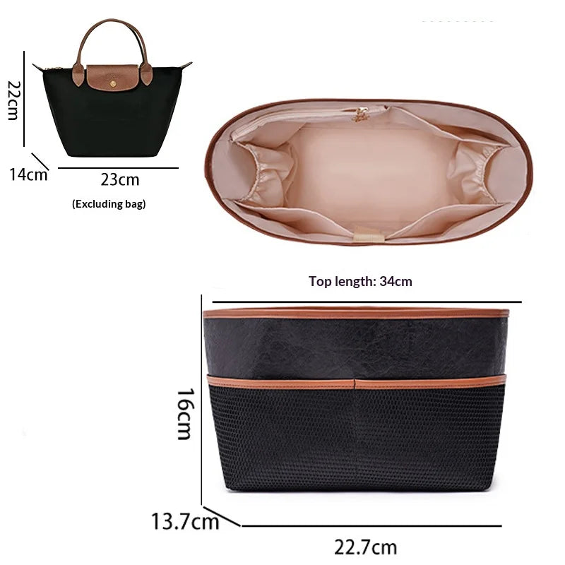 A black tote bag organizer insert with a laptop sleeve shown in various dimensions and an open view of the interior.