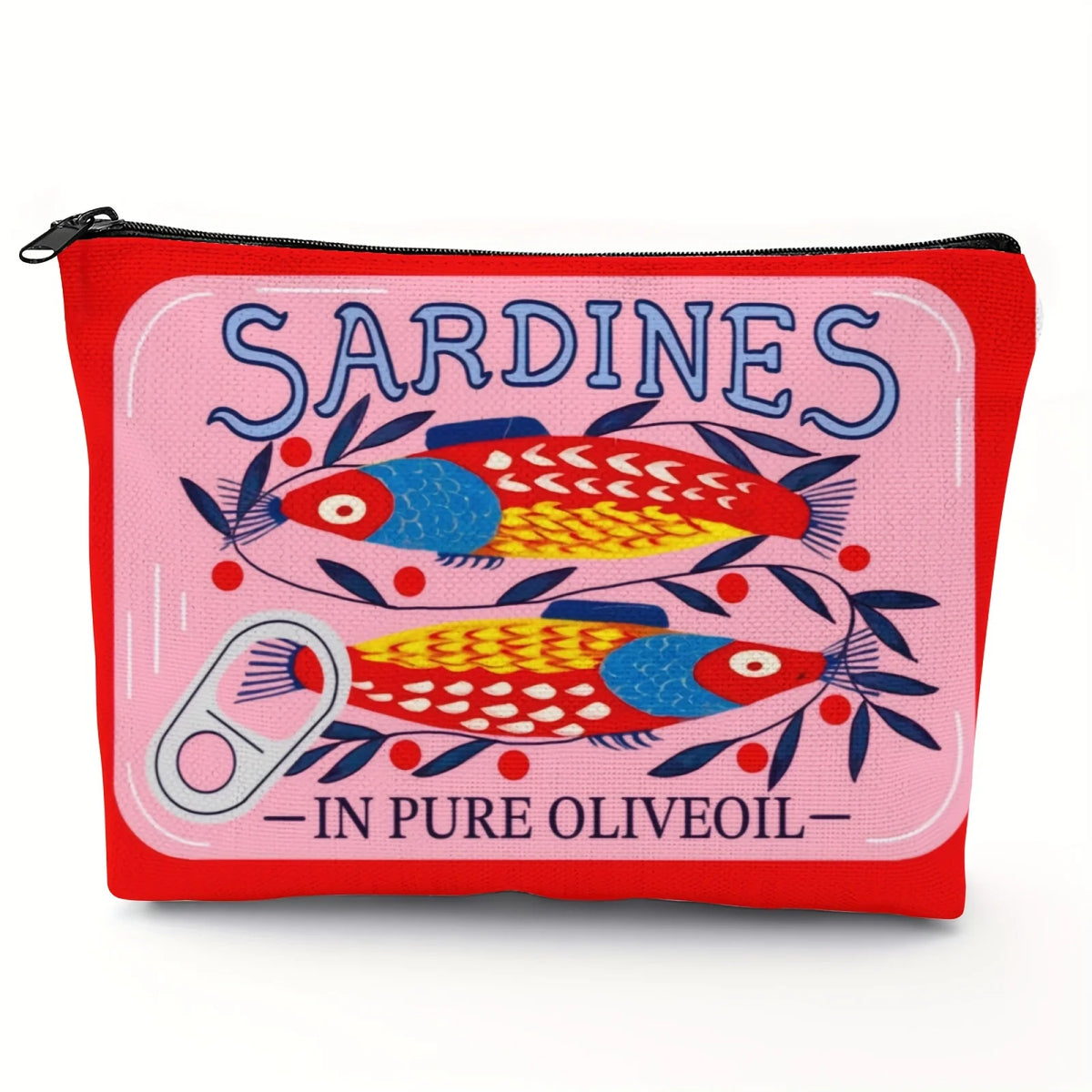 Rote durchsichtige Tasche mit einer Grafik von Sardinen und dem Text in reinem Olivenöl