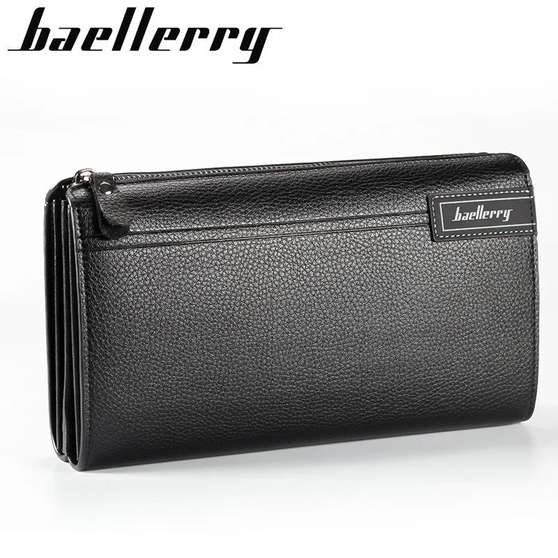 Black leather men's business handbag clip wallet shown in a flat lay view.