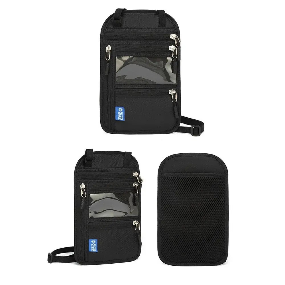 Black RFID-blocking travel neck wallet with an adjustable strap shown from the front.