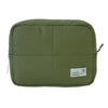 Olive green aesthetic quilted puffer makeup bag with a small tag