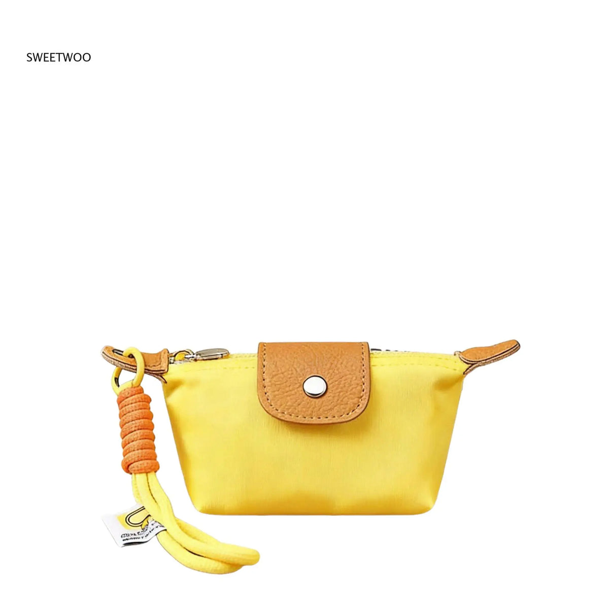 A bright yellow compact coin purse made of nylon and faux leather with a leather strap and keychain.