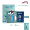 A Sky Blue magnetic item passport holder with RFID blocking features and a magnetic scanning warning.