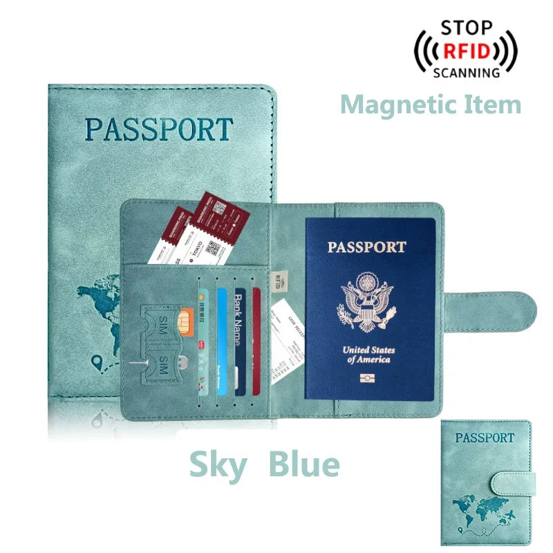 A Sky Blue magnetic item passport holder with RFID blocking features and a magnetic scanning warning.