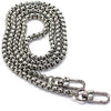 A silver stainless steel diamond-cut curb chain bag strap coiled and extended.