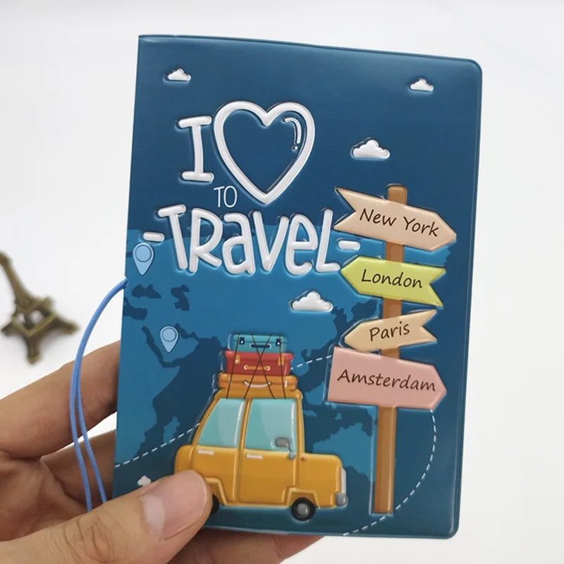 A blue passport cover featuring a 'I love to travel' design with silhouettes of cities like New York, London, Paris, and Amst