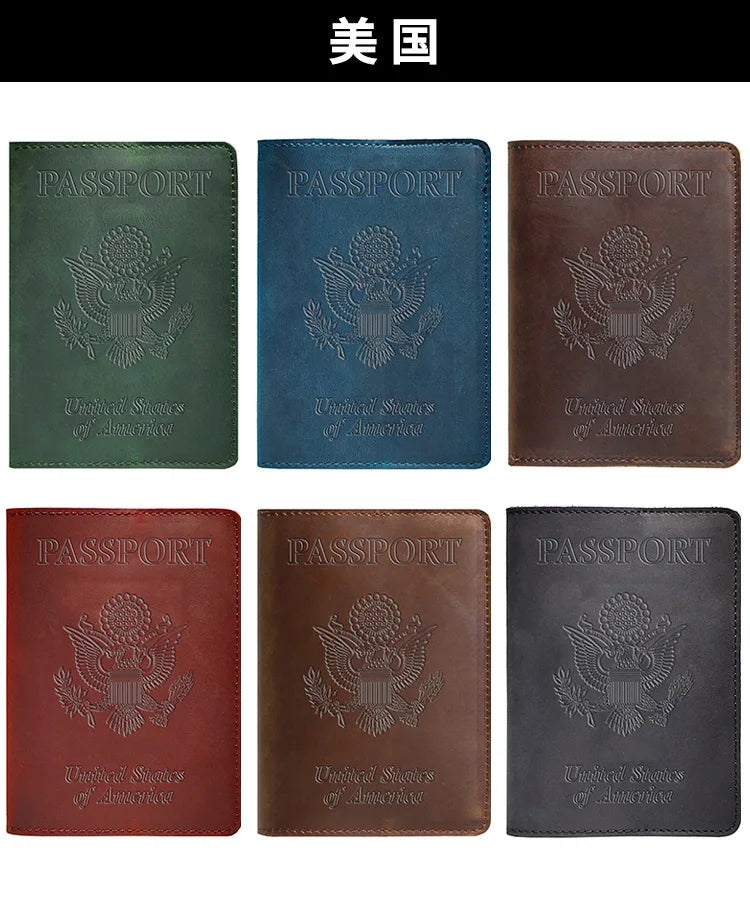 Six genuine leather passport holders in various shades of green, blue, brown, red, and gray featuring the United States seal.