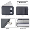 A gray universal laptop sleeve case showing the front, capacity view, zipper detail, and inside view.