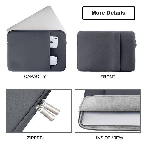 A gray universal laptop sleeve case showing the front, capacity view, zipper detail, and inside view.