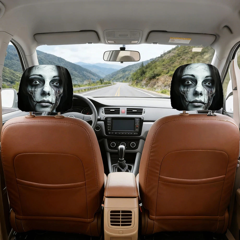 A set of spooky ghost face car headrest covers on a vehicle interior.