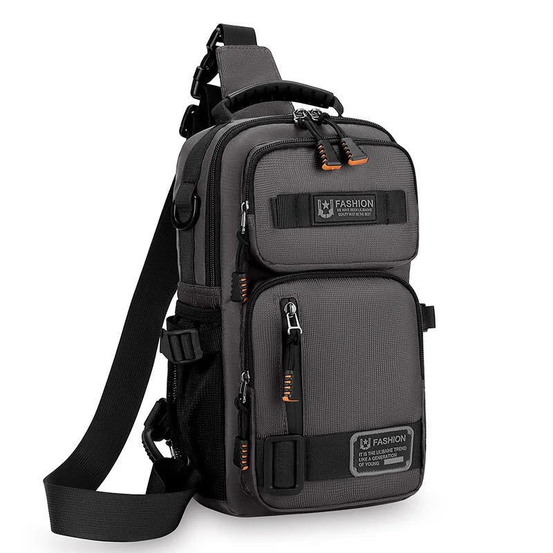A dark gray multifunctional chest bag with black straps and orange accents, shown from the back.