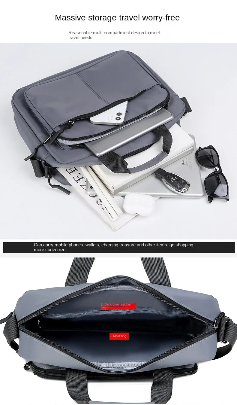 Mochila horizontal gris oscuro para hombro mostrada en varias configuraciones y contextos de uso.