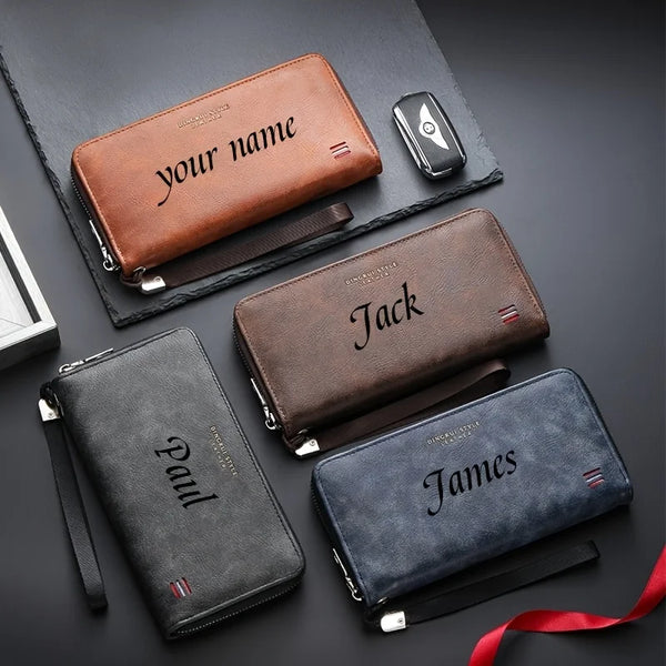 A collection of brown and black leather wallets and card holders arranged on a dark surface.