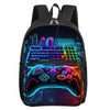 A black backpack featuring a vibrant neon circuit board design and a glowing game controller graphic on the front pocket.