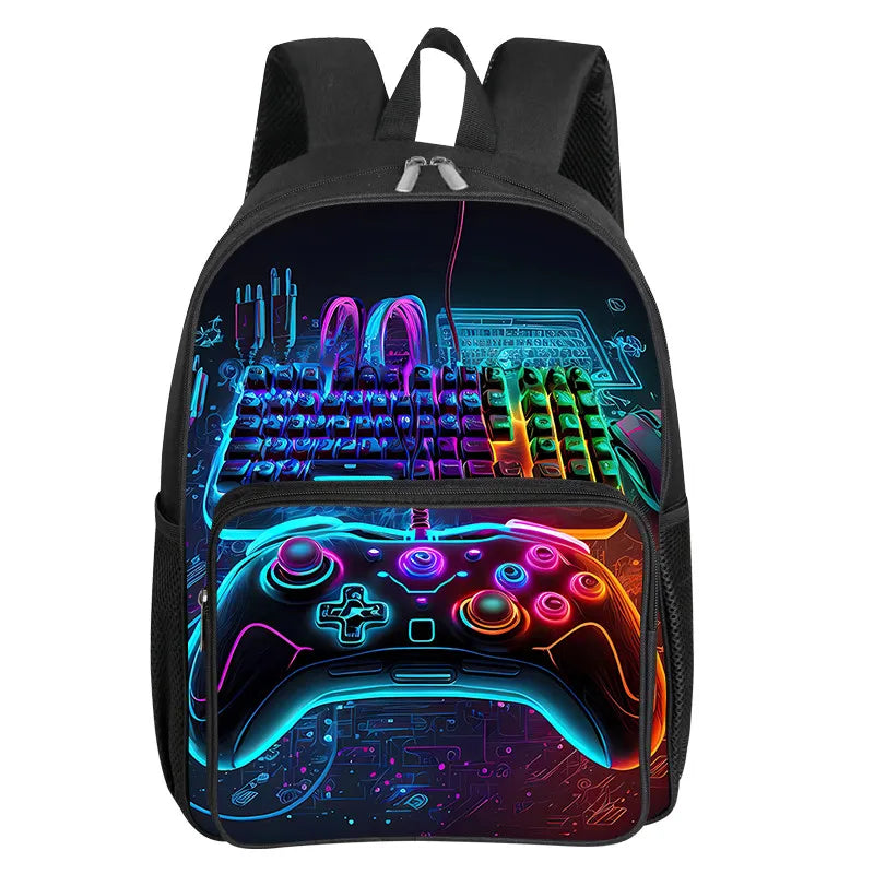 A black backpack featuring a vibrant neon circuit board design and a glowing game controller graphic on the front pocket.