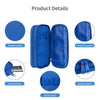 Blue double layered pencil case with oxford fabric, protective pocket, compartment, elastic band, and quality zippers.