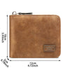 A brown leather zipper wallet with a square engraving of Carreen Fashion on the front.