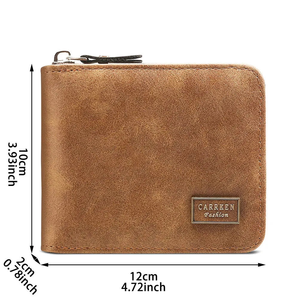 A brown leather zipper wallet with a square engraving of Carreen Fashion on the front.
