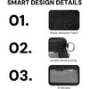 Three design details of a multi-functional zipper wallet including a water-resistant fabric, durable metal keyring, and ID wi