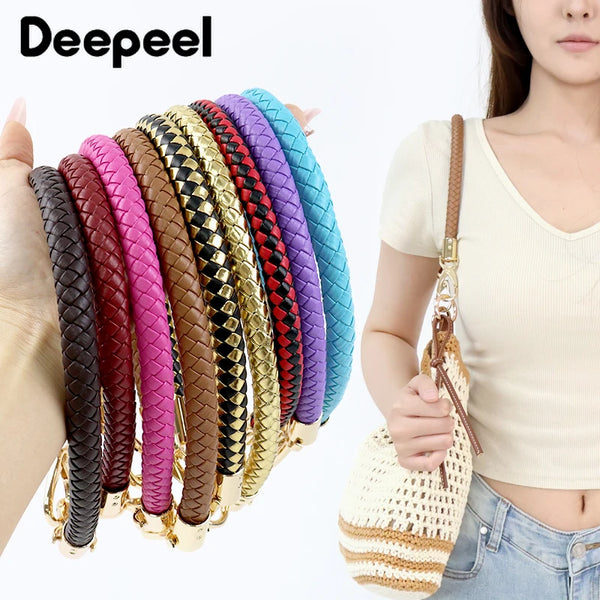 A close-up of multiple colorful PU leather replacement bag straps with metal buckles displayed next to a woman wearing a ligh