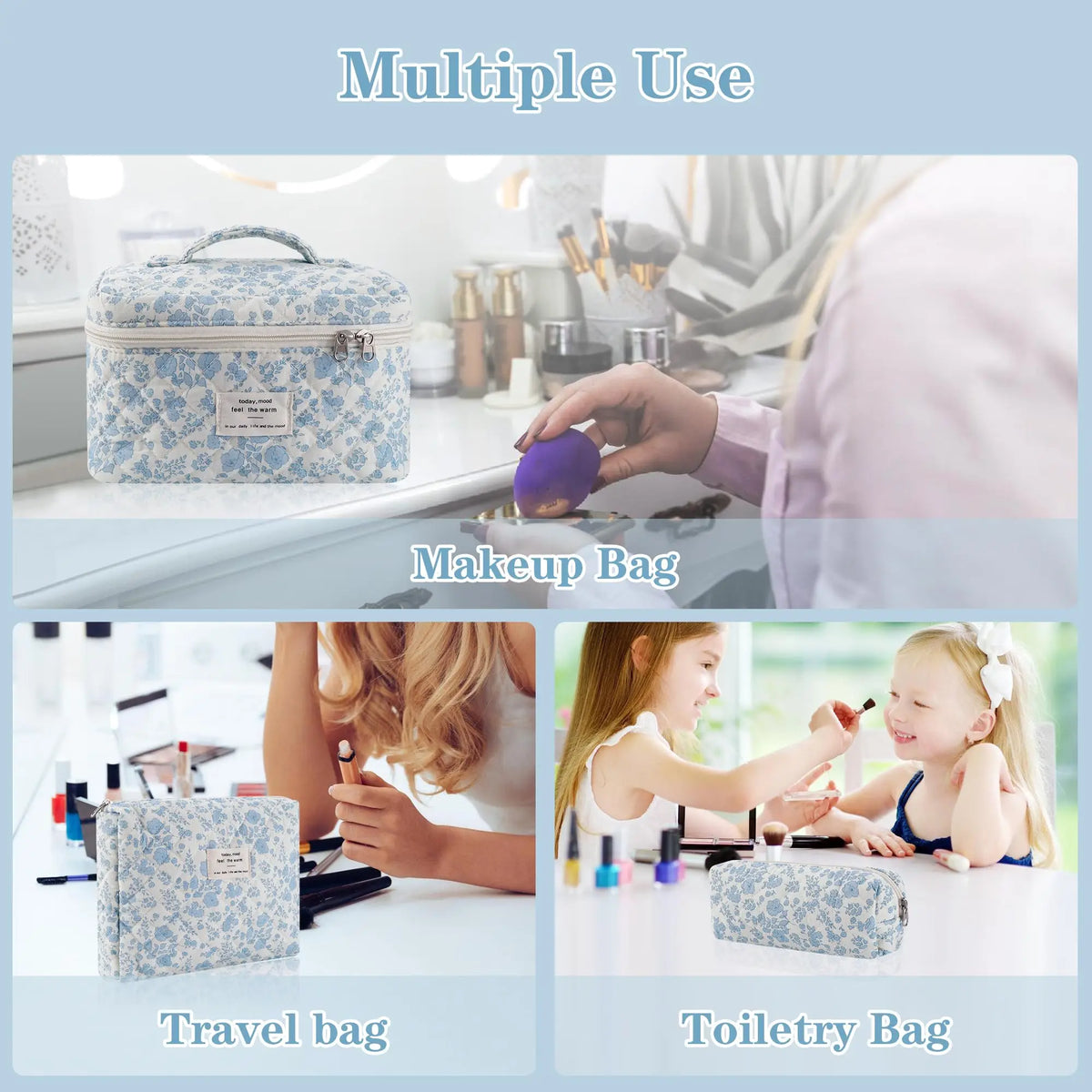 A set of quilted cotton bags including a makeup bag, travel bag, and toiletry bag.