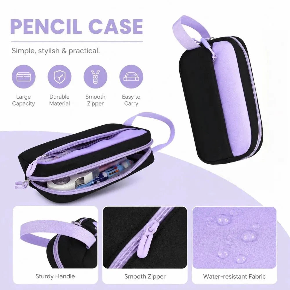 A set of purple and black pencil cases featuring a sturdy handle, smooth zipper, and water-resistant fabric.