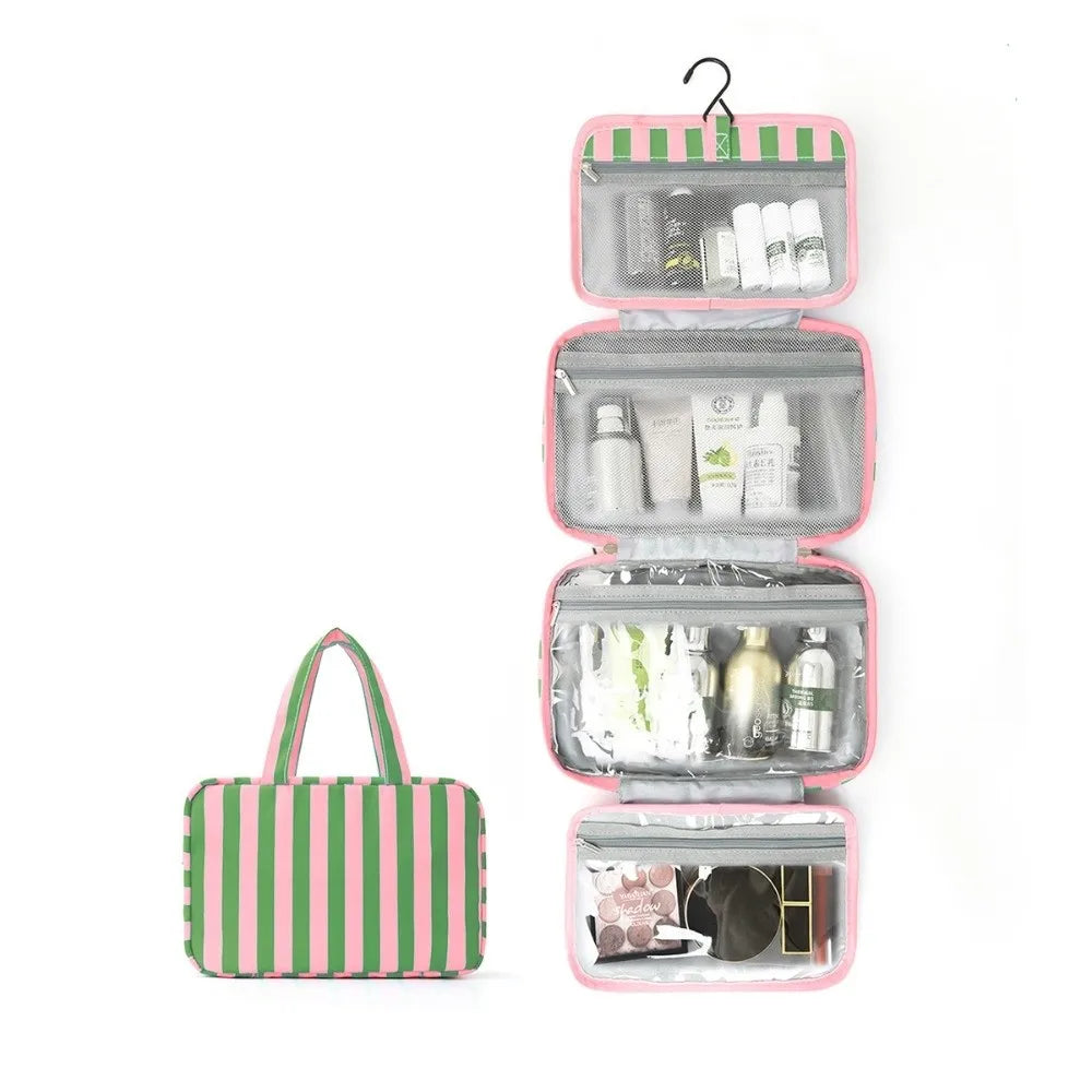 Bolsa de tocador colgante de 4 pliegues a rayas rosa y verde con múltiples compartimentos.