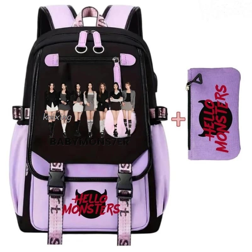 Lila und schwarz, Canvas-Schulrucksacks-Set mit Hello Monsters-Grafiken
