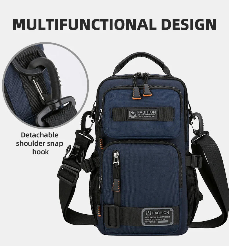 A navy blue multifunctional chest bag with a detachable shoulder snap hook and adjustable strap.