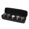 Black multi-slot travel watch organizer case with soft lining displaying several wristwatches.