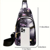 A purple and black quilted crossbody sling bag with a gold zipper and a white smartphone displayed next to it.