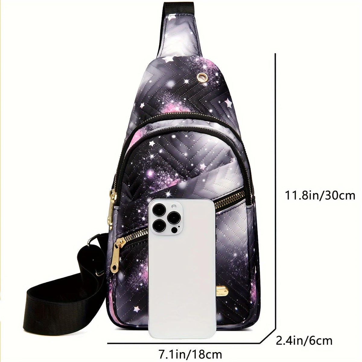 A purple and black quilted crossbody sling bag with a gold zipper and a white smartphone displayed next to it.