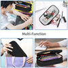 A multi-function luxury leather pencil case shown in various colors and usage contexts.