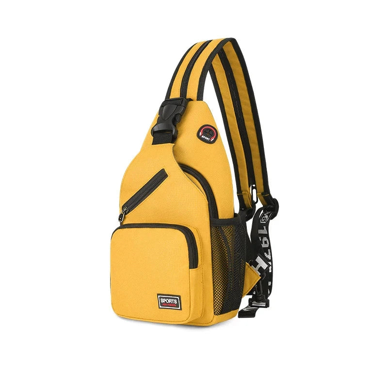 A yellow multi-use adjustable chest and shoulder bag with black straps and pockets.