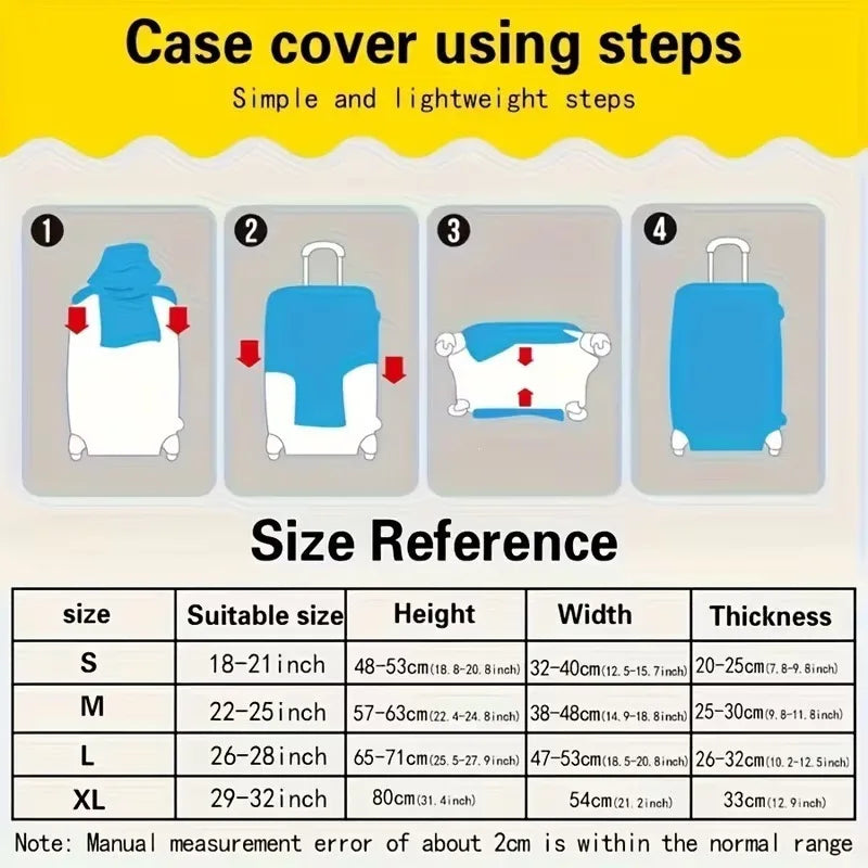 A four-step guide showing how to use a case cover for luggage, including size references for S, M, L, and XL sizes.