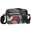 A men's PU leather shoulder bag featuring a patchwork design in shades of red, blue, and beige with a black strap.