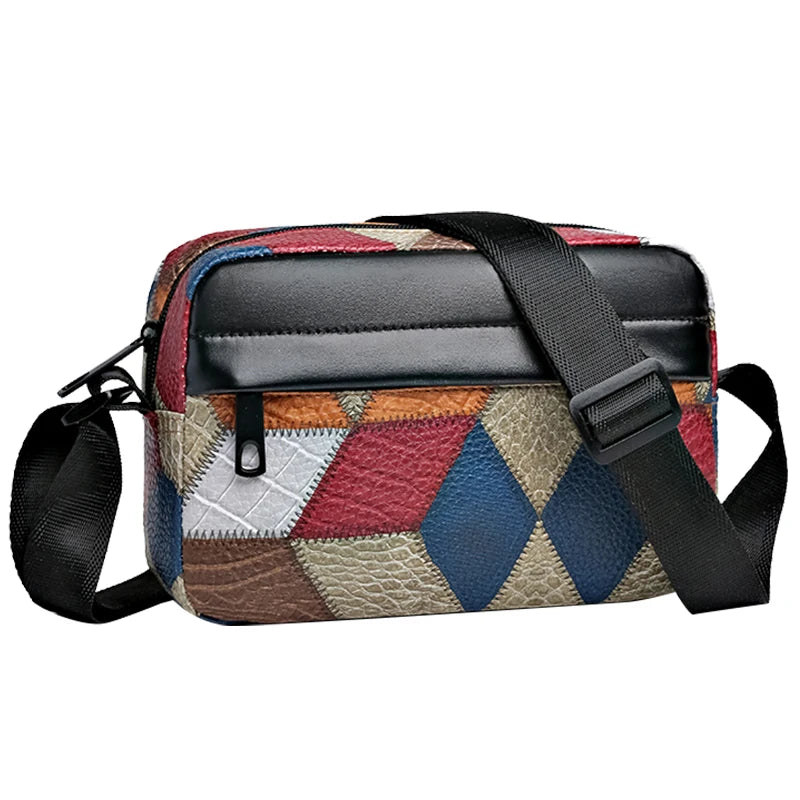 A men's PU leather shoulder bag featuring a patchwork design in shades of red, blue, and beige with a black strap.